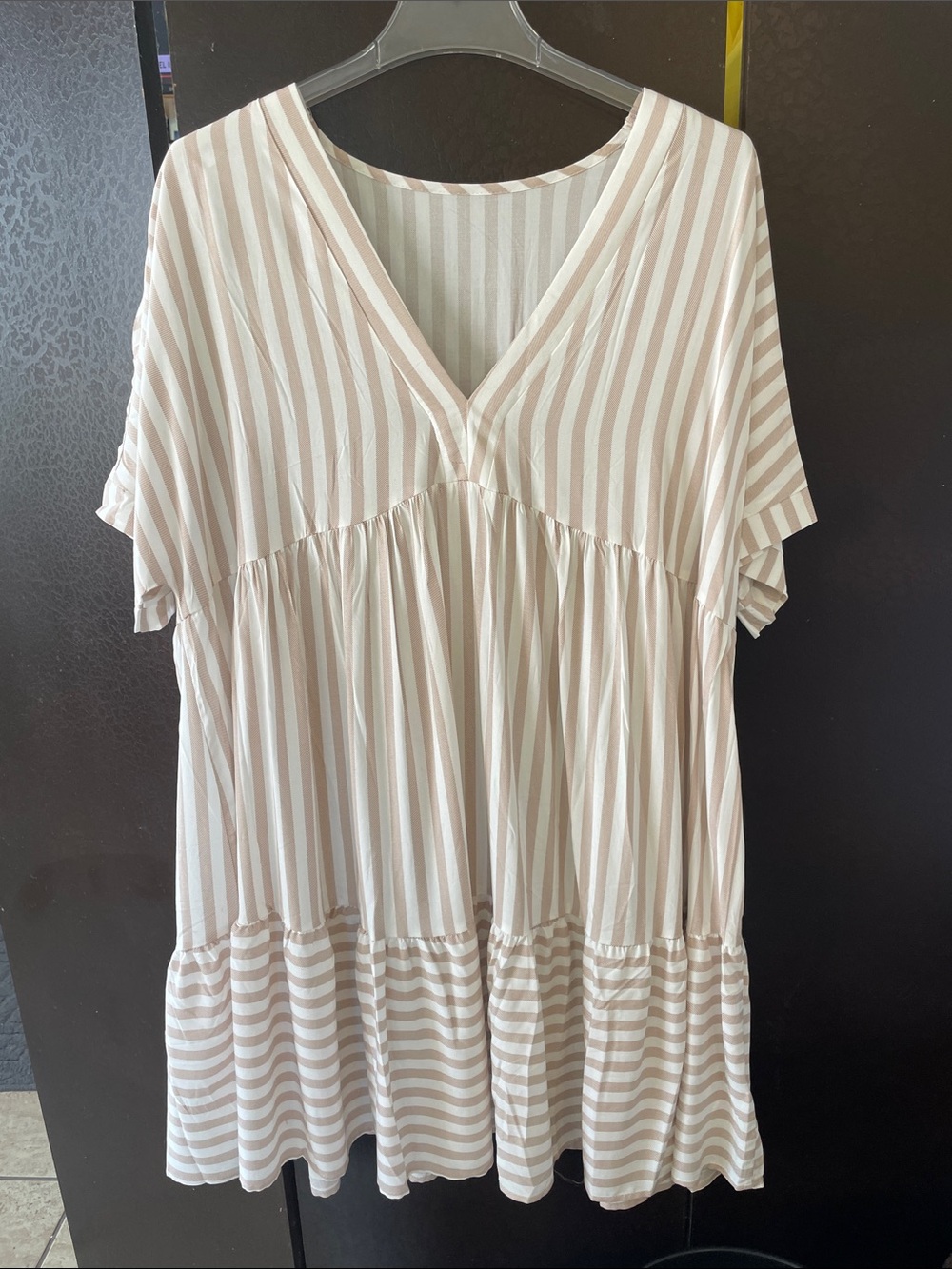SHEIN Beige & White Striped V-Neck Dress